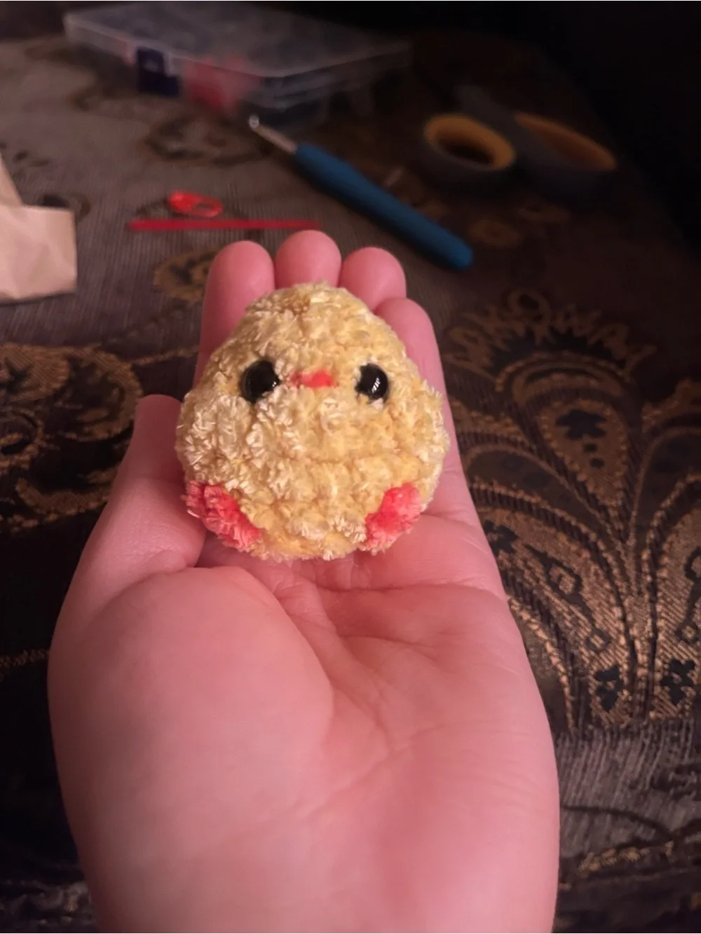 Handmade Crochet Plush Chick Keychain - Yellow with Coral Accents